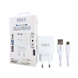 Cargador ROCA 2.4A   2 x USB A  Cable USB A a Micro USB  100cm  Blanco (RC-TC-05)