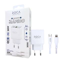 Cargador ROCA 20W   USB A + USB C PD  Cable USB C a Lightning  30W  100cm  Blanco (RC-TC-02)